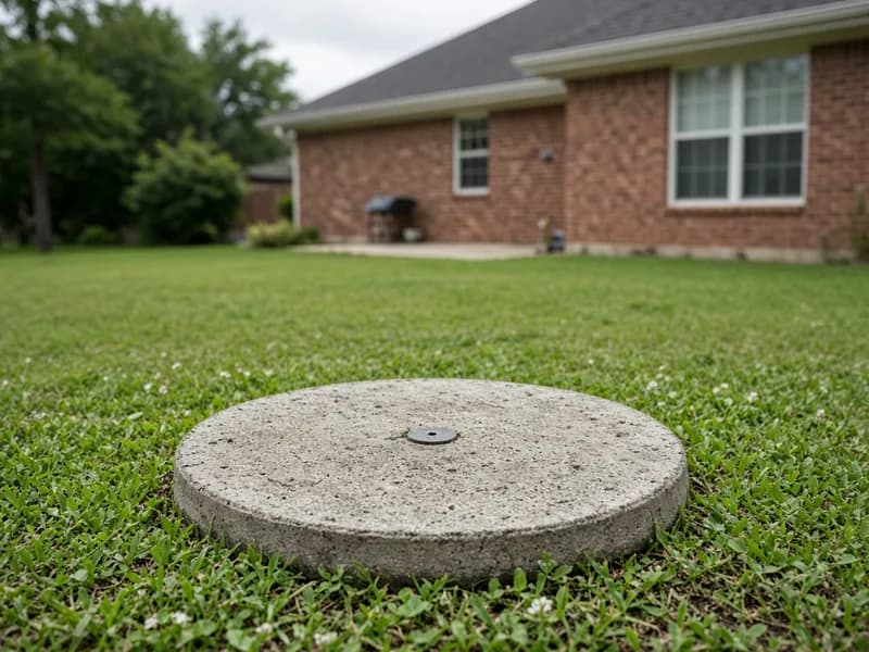 Residential septic tank lid in a backyard